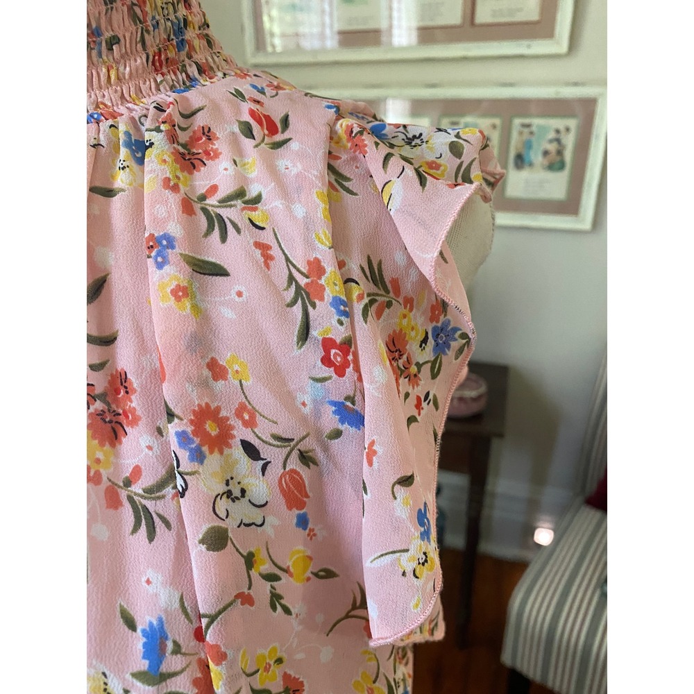 CODE X MODE Pink Floral Smocked High Neck Flutter Sleeve Shift dress XS Mini - Picture 4 of 9